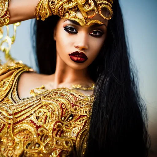 Prompt: aesthetic!!!!!! Female genie in Arabic clothing, black skin, long black hair, gold tint, potrait, cinematic lighting, silk, fabric, full-length view, cinematic, hyper realism, 8k, depth of field, vibrant.