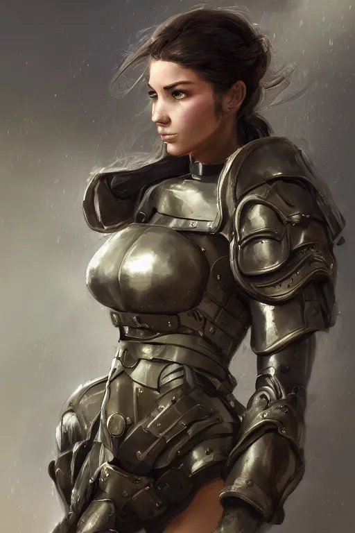 Image similar to a finely detailed portrait of an attractive young woman, clothed in military-style battle armor, shoulder mounted gun, olive skin, long dark hair, beautiful bone structure, symmetrical facial features, intricate, elegant, digital painting, trending on Artstation, concept art, smooth, sharp focus, illustration, from Metal Gear by Ruan Jia and Mandy Jurgens and Artgerm and William-Adolphe Bouguerea, award winning