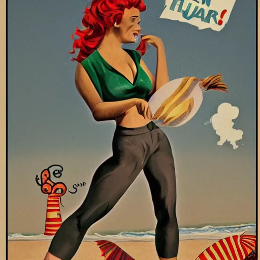 Image similar to Human-dinosaur hybrid at the beach, pin up style poster