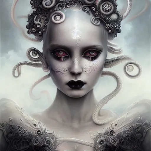 Prompt: By Tom Bagshaw, ultra realist soft painting of a curiosities carnival bubbles and tentacles by night, very beautiful female dollpunk in full gothic dress, symmetry accurate features, very intricate details, omnious sky, black and white, volumetric light clouds