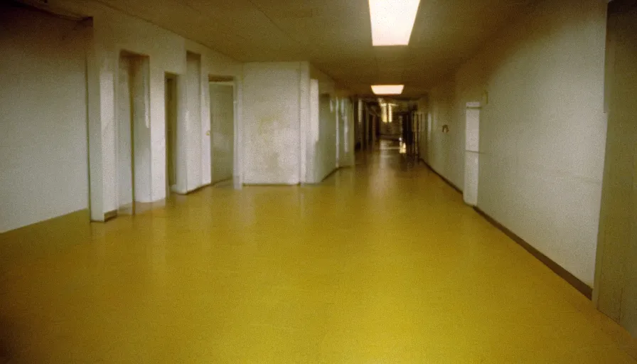 Prompt: 60s movie still of a sovietic stalinist style empty hallway with yellow tiles, cinestill 800t 50mm eastmancolor, liminal Space style, heavy grain