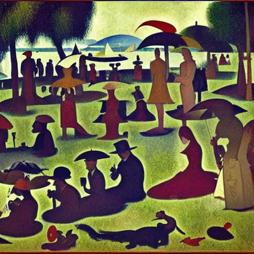 Image similar to a sunday afternoon on the island of la grande jatte, by mike mignola