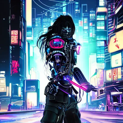 Image similar to bionic cybernetic samurai with long hair and a mechanical arm in a neon cityscape, photorealistic, very detailed, night time, high contrast with heavy shadows, skin detail, close up shot, facing away from the camera