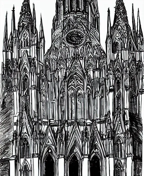Image similar to a detailed fineliner drawing of a towering cathedral with evil spires