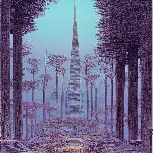 Prompt: city of the future in harmony with nature. Beautiful detailed illustration by moebius (1975).