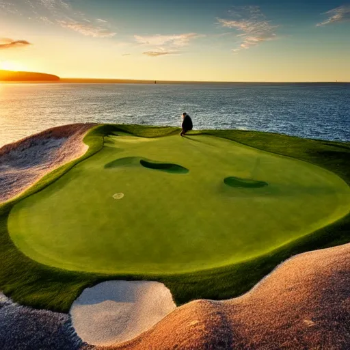 Prompt: a great photograph of the most amazing golf hole in the world, cliffs by the sea, perfect green fairway, human perspective, ambient light, 5 0 mm, golden hour