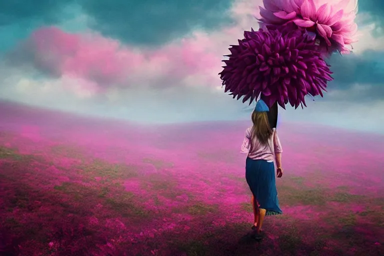 Image similar to giant dahlia flower on the head, girl walking on mountain, surreal photography, pink storm clouds, dramatic light, impressionist painting, digital painting, artstation, simon stalenhag