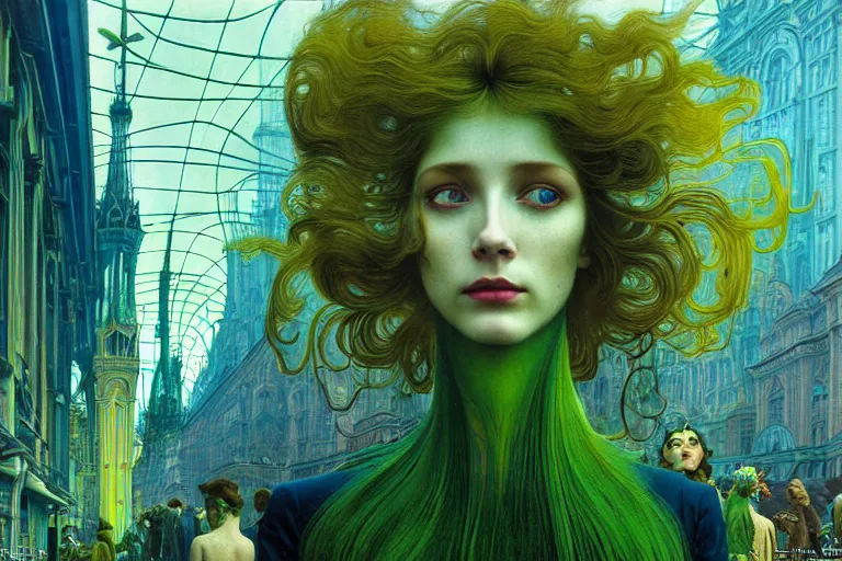 Image similar to realistic detailed photorealistic film portrait shot of a beautiful green haired woman in a crowded futuristic moscow street by Denis Villeneuve, Amano, Yves Tanguy, Alphonse Mucha, Ernst Haeckel, Andrei Tarkovsky, Edward Robert Hughes, Roger Dean, rich moody colours, wide angle, blue eyes