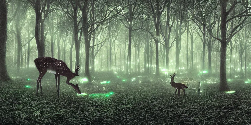 Image similar to a single deer in an ethereal electronic forest made from glowing circuits and electronics, highly detailed concept art, cinematic framing, 3 d, dark, moody, led