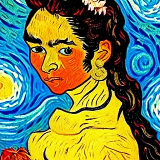 Image similar to beautiful tan mexican woman, dancing in a field of roses, prominent rosy cheek bones, black hair and brown eyes, van gogh art style,