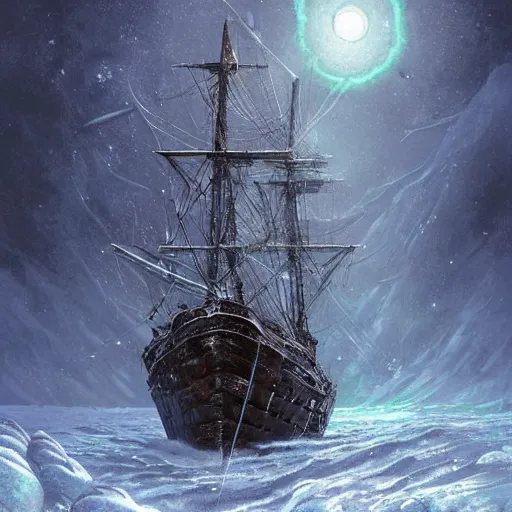 Image similar to a victorian era exploration frigate lost in the arctic, attacked by a lovecraftian monster, in a snowstorm art by artgerm and Todd Shorr, featured on artstation