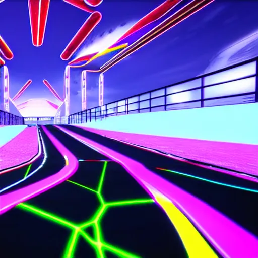 Image similar to a psychedelic racing track in unreal engine, very high detailed, in a game, cinematic view