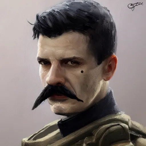 Image similar to portrait of a man by greg rutkowski, british features, short black hair in military style, moustache, perfect military composure, wearing stormtrooper gear, star wars expanded universe, he is about 5 0 years old, highly detailed portrait, digital painting, artstation, concept art, smooth, sharp foccus ilustration, artstation hq