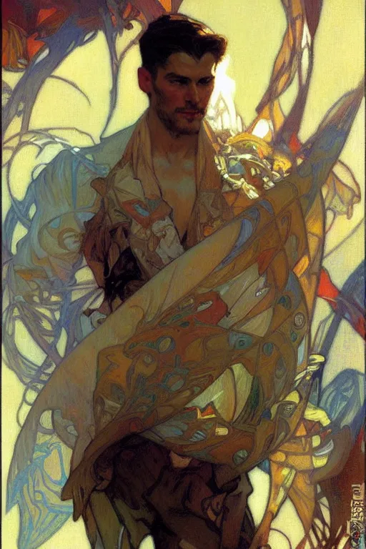 Image similar to attractive man, futurism, painting by gaston bussiere, craig mullins, greg rutkowski, alphonse mucha