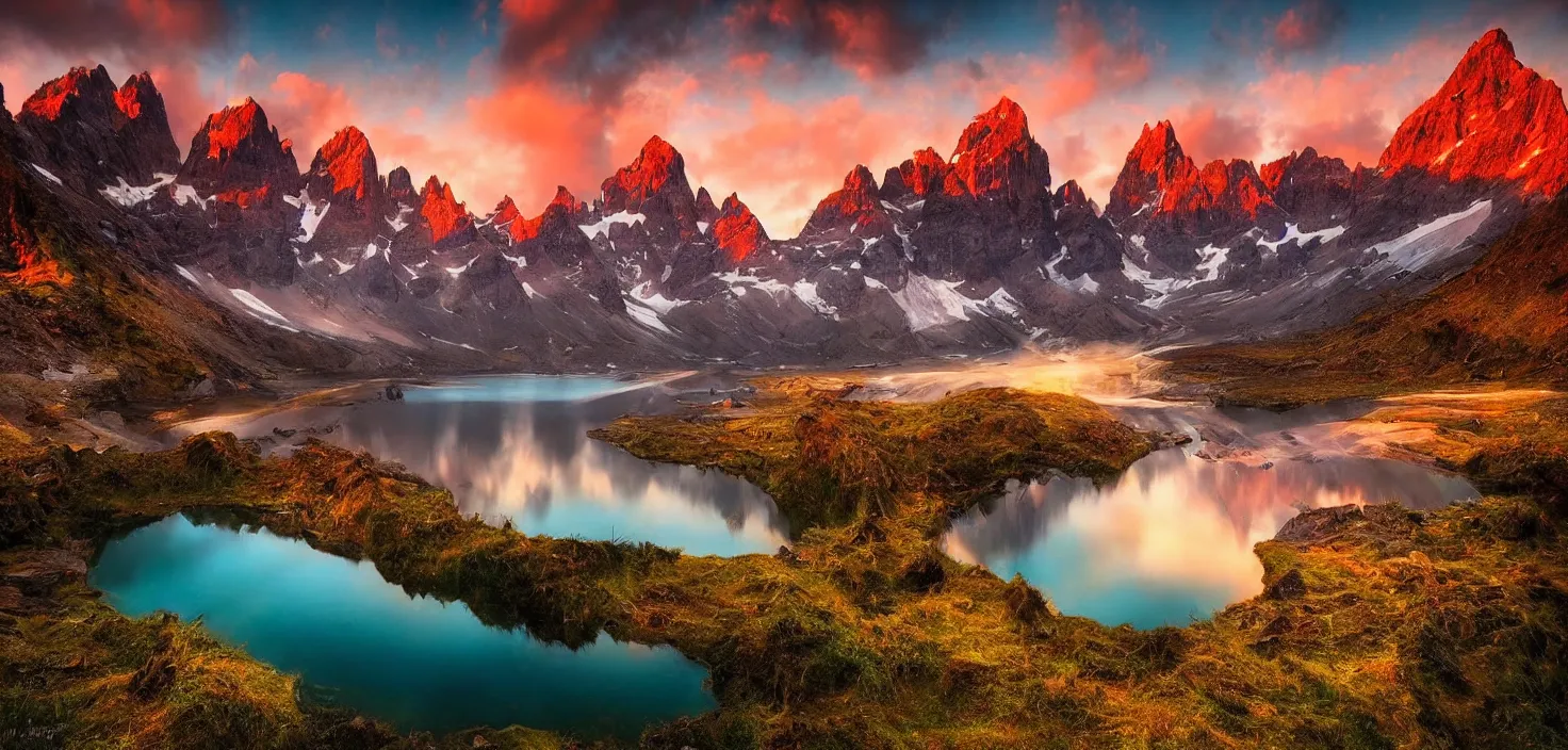 Image similar to amazing landscape photo of mountains with lake in sunset by marc adamus, beautiful dramatic lighting