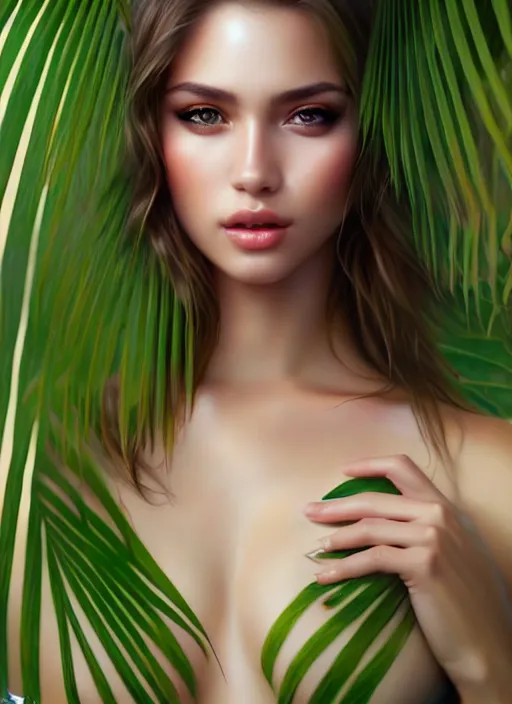 Prompt: a gorgeous female photo, professionally retouched, soft lighting, chest covered with palm leaves, realistic, smooth face, perfect eyes, wide angle, sharp focus on eyes, 8 k high definition, insanely detailed, intricate, elegant, art by artgerm and wlop