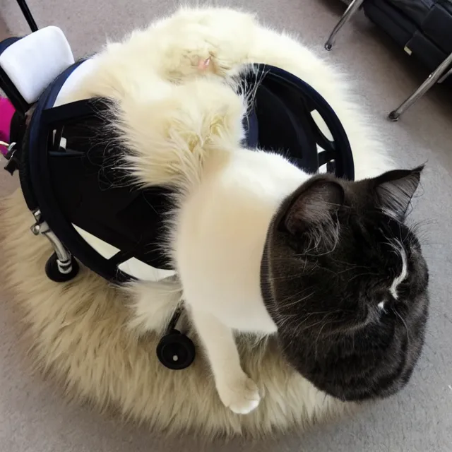 Prompt: fisheye view of super fat annoyed cat sitting in a wheelchair