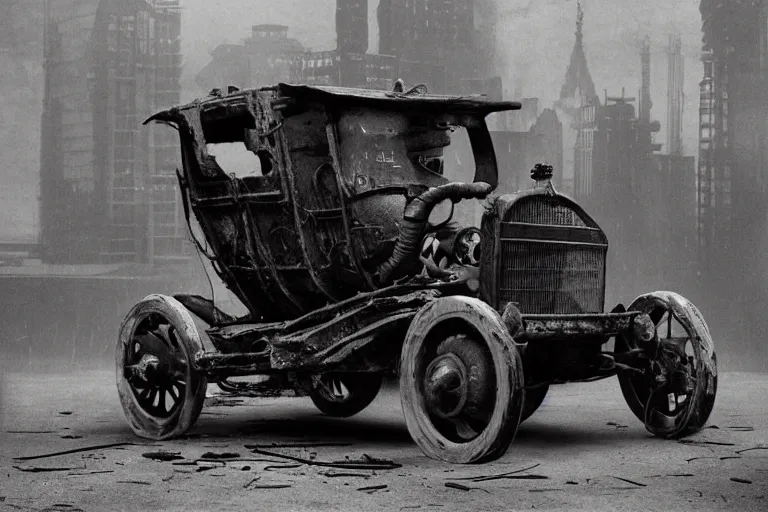 Prompt: cyberpunk 1 9 0 8 model ford t by paul lehr, jesper ejsing, metropolis, parked by view over city, vintage film photo, robotic, damaged photo, scratched photo, silent movie, black and white photo