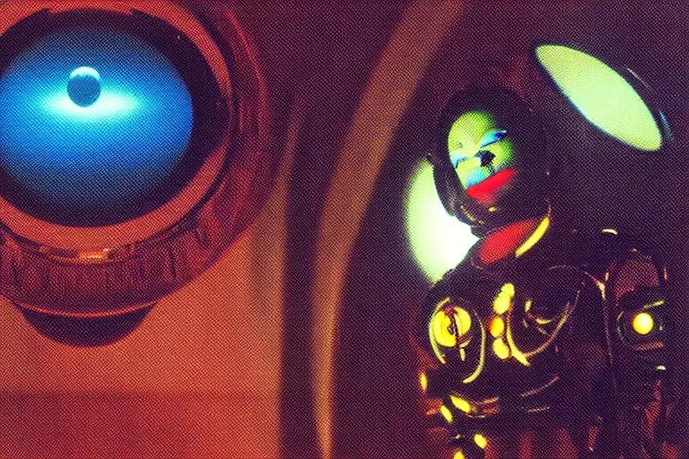Prompt: beautiful cyborg - clownbot emerging from a space portal in cyberspace, fractaling outwards, in 1 9 8 5, y 2 k cutecore clowncore, bathed in the glow of a crt television, crt screens in background, low - light photograph, in style of tyler mitchell
