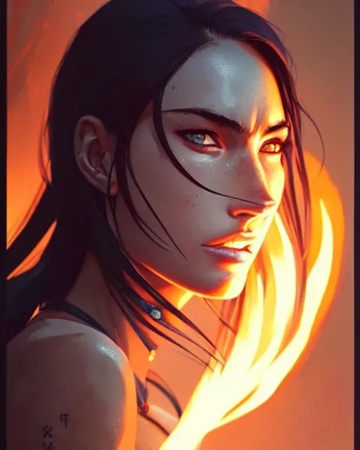 Image similar to azctec warrior, megan fox, detailed perfect face, exquisite details, fire magic, night, mid view, design on a white background, by studio muti, greg rutkowski makoto shinkai takashi takeuchi studio ghibli