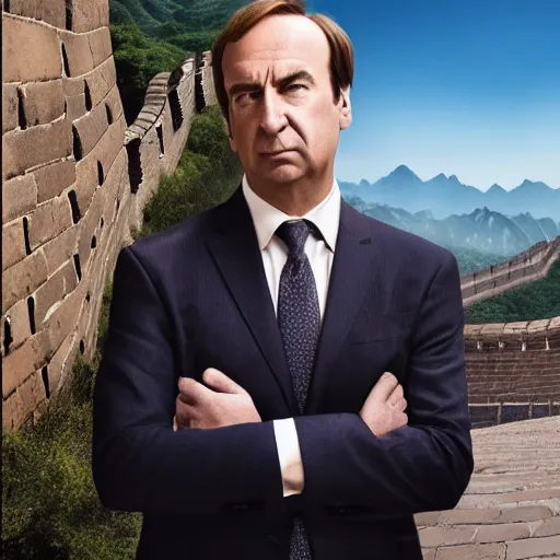 Prompt: saul goodman next to the great wall of china, hyper realistic, smooth lighting, mid shot