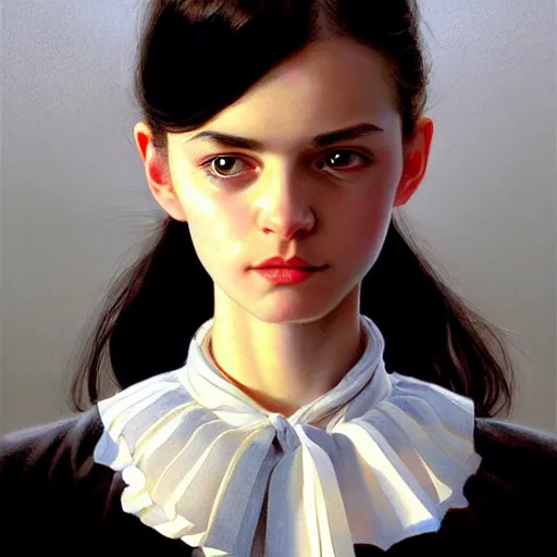 Image similar to a girl wearing collar around neck, looking at the camera, beautiful and aesthetic, close up, bitter, dramatic pose, intricate, highly detailed, detailed face, smooth, sharp focus, specular light, occlusion shadow, rim light, artgerm, artstation, art by greg rutkowski and ilya kuvshinov and salvador dali, fantasy illustration