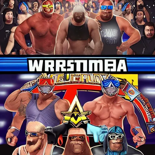 Image similar to wrestlemania wrestlers wearing vr goggles, gta cover, trending on artstation, digital illustration