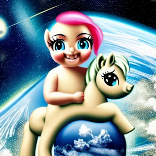 Image similar to a pony like a baby sits on the back of a large astronaut who is on all fours