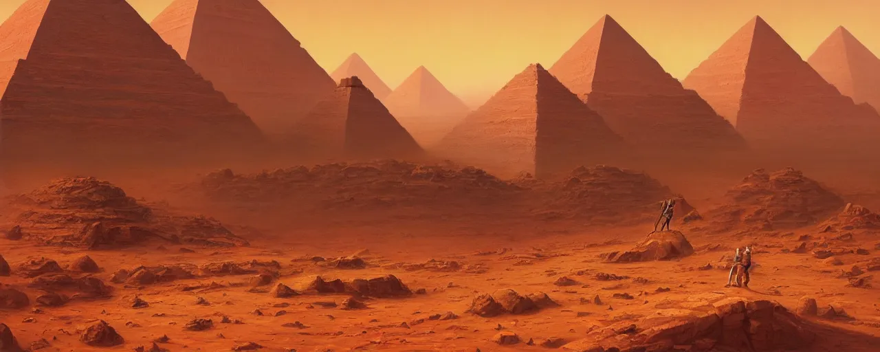 Prompt: mars pyramids, highly detailed oil painting, unreal 5 render, rhads, Bruce Pennington, tim hildebrandt, digital art, octane render, beautiful composition, trending on artstation, award-winning photograph, masterpiece