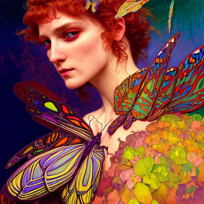 Prompt: bright psychedelic portrait of organic butterfly cyborg, wings, diffuse lighting, fantasy, intricate, elegant, highly detailed, lifelike, photorealistic, digital painting, artstation, illustration, concept art, smooth, sharp focus, art by John Collier and Albert Aublet and Krenz Cushart and Artem Demura and Alphonse Mucha