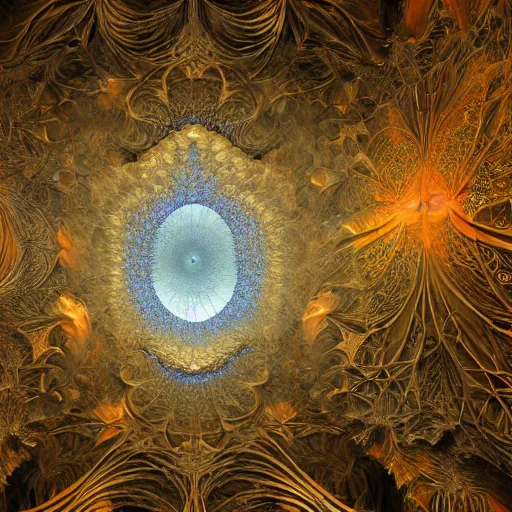 Prompt: a beautiful 3 d painting of a huge sprawling fractal cathedral interior populated by mandelbrot fractals by android jones, unreal engine, carved stone, carved soap, white color scheme, volumetric lighting, octane render, dramatic lighting, glowing, carved marble, opalescent, sacred geometry, religious, angelic, catholicpunk, stark, trending on artstation