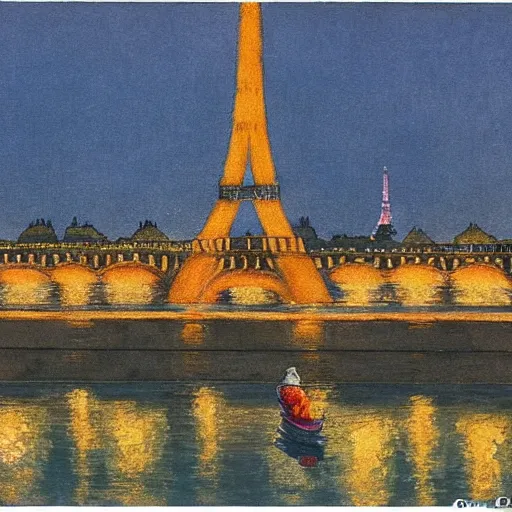 Image similar to A guinea pig in Paris at night, eiffel tower visible in the background, bridge across Seine visible in background, in the style of Carl Larsson