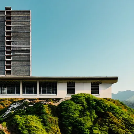 Prompt: a building in a stunning landscape by kenzo tange