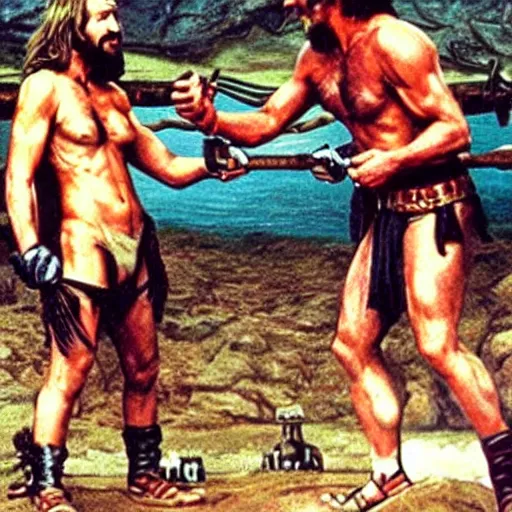 Image similar to zardoz arm wrestling rambo in heaven