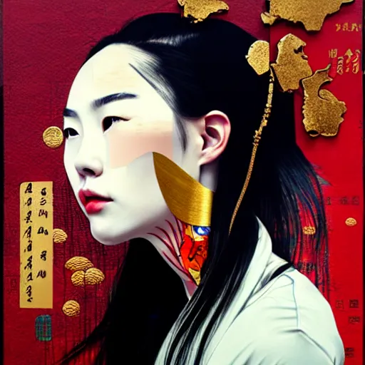 Image similar to portrait of chinese woman :: side profile :: in ocean :: clockwork details :: gold :: blood and horror :: by vikings and Sandra Chevrier