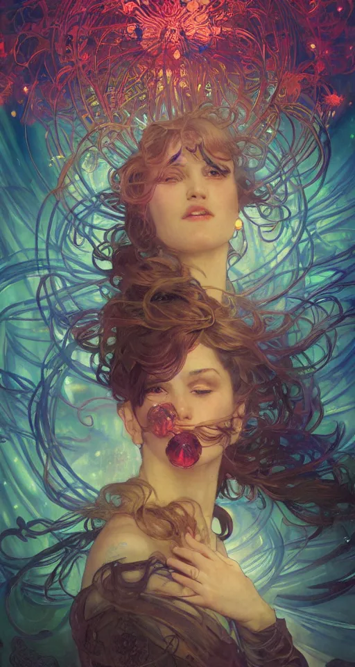 Image similar to she dreams of arcs of purple flame intertwined with glowing sparks, glinting particles of ice, dramatic lighting, steampunk, bright neon, secret holographic cyphers, red flowers, solar flares, intricate art by alphonse mucha and greg rutkowski and ruan jia