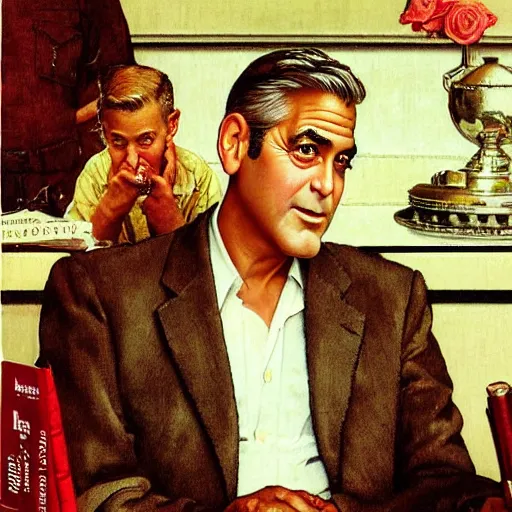 Image similar to George Clooney, highly detailed illustration, portrait painting by Norman Rockwell