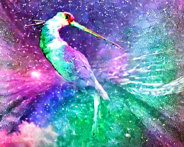 Prompt: a colorful iridiscent bird with tiny horns made of sticks flying through a cloudy blue sky, a hologram by Penny Patricia Poppycock, pixabay contest winner, holography, irridescent, photoillustration, vaporwave