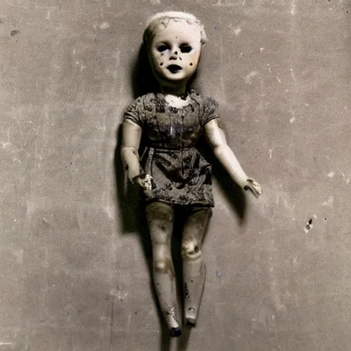 Prompt: creepy dirty cracked vintage doll in darkly lit dusty basement cobwebs photo by william mortensen