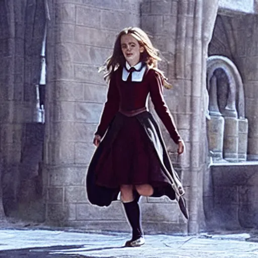 Image similar to Photo of Emma Watson as Hermione Granger using a tank in Hogwarts