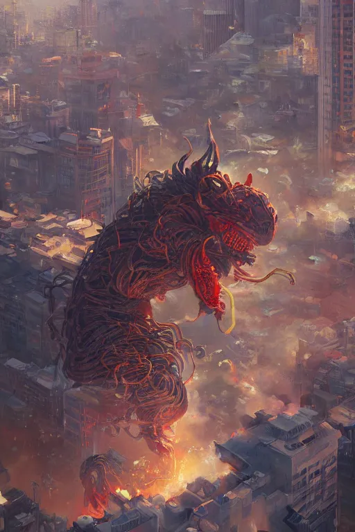 Image similar to A ultradetailed beautiful panting of a cup noodle monster attacking a city, Oil painting, by Ilya Kuvshinov, Greg Rutkowski and Makoto Shinkai