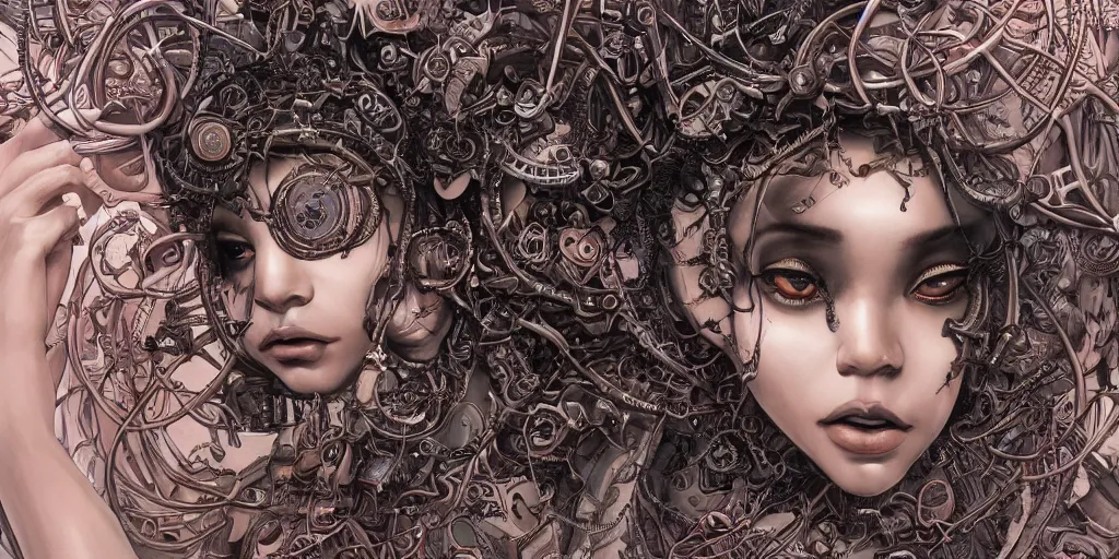 Image similar to hyperrealistic photography of a highly detailed and symmetrical gorgeous black female demigorgon deconstructing a poetry machine in the style of jin kagetsu, james jean and wlop, highly detailed, face symmetry, masterpiece, award - winning, sharp focus, intricate concept art, ambient lighting, 8 k, artstation