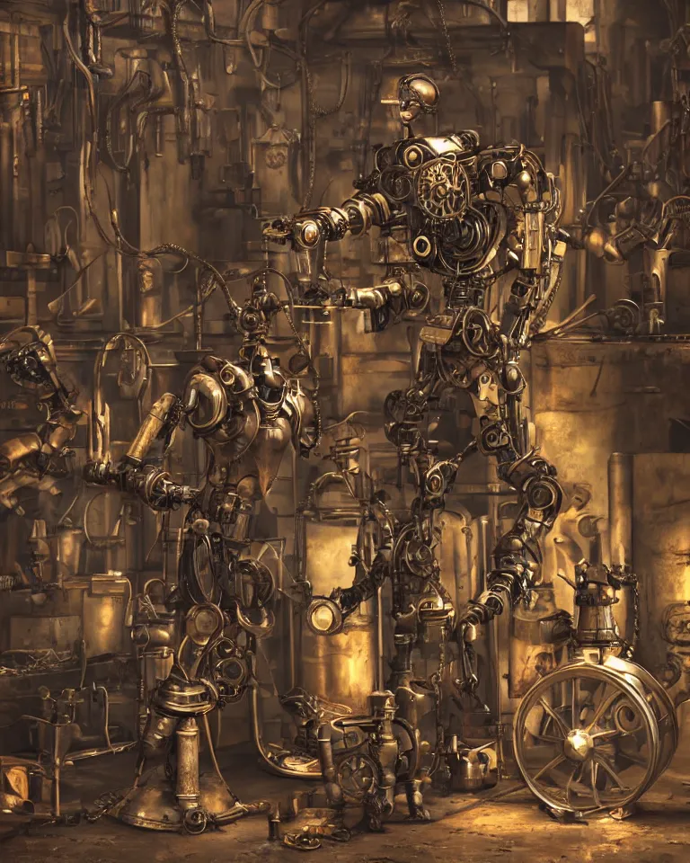 Prompt: steampunk robot blacksmith scene photorealistic octane render 4 k vibrant colors realistic proportions