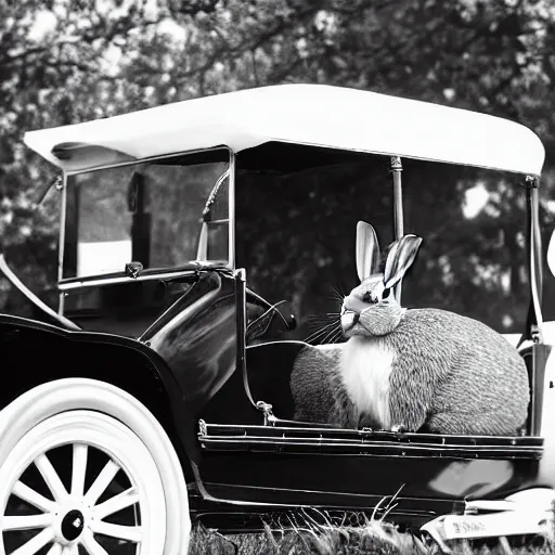 Image similar to a rabbit sitting inside a model t ford, black and white photograph