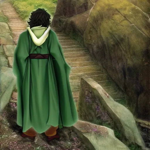 Image similar to peregrin took from the anime lord of the rings (1986), dark hair, green cape, hobbit, studio ghibli, very detailed, realistic