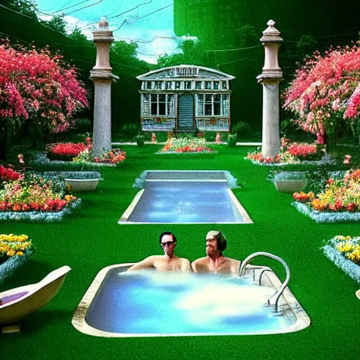 Prompt: hyperrealism photography computer simulation visualisation of parallel unreal universe detailed old bath in the detailed ukrainian village garden in dramatic scene from movie the big lebowski ( 1 9 9 8 )