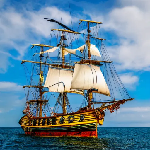 Prompt: a pirate ship with white sails and crimson hull with 3 masts, dslr photo teal and yellow color graded