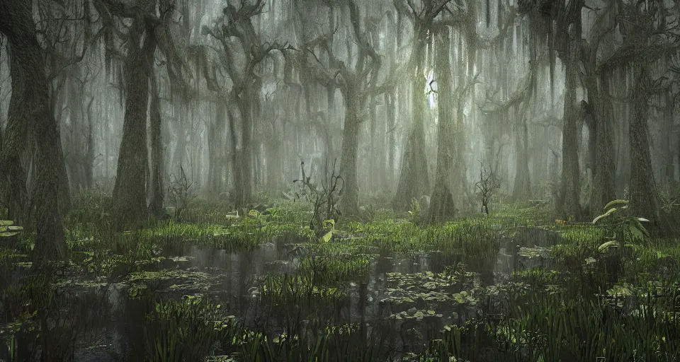 Image similar to A dense and dark enchanted forest with a swamp, from WOW