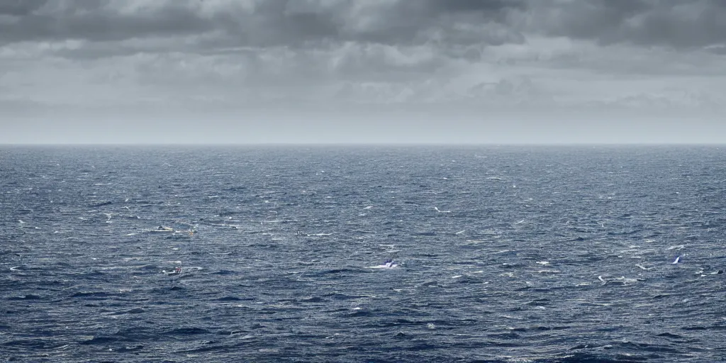 Prompt: National Geographic photograph of the ocean with several small ships in the distance. Realistic.