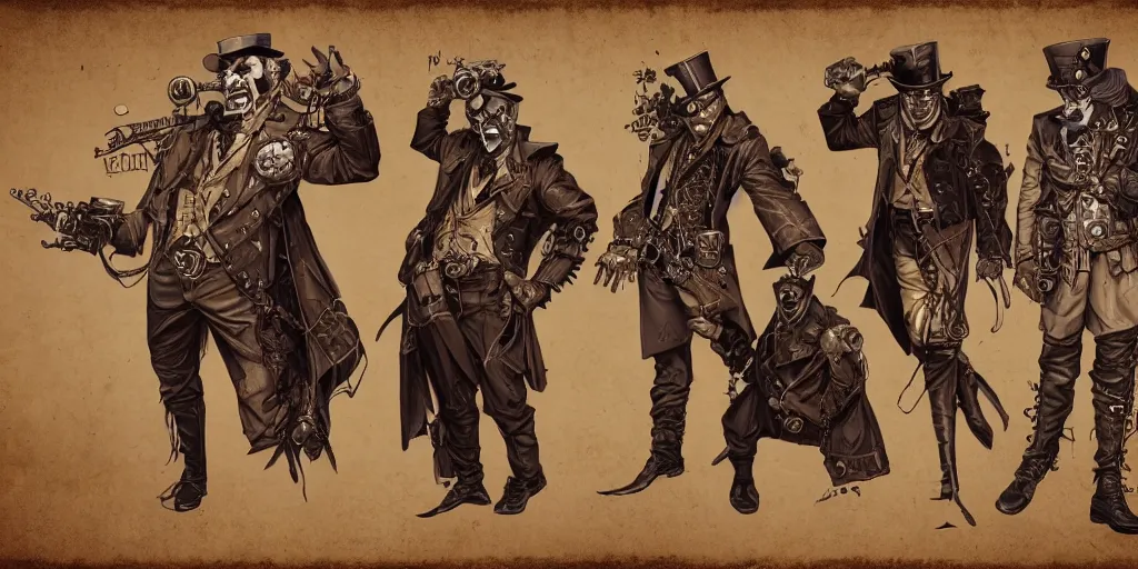 Image similar to steampunk the joker, character sheet, concept design, contrast, kim jung gi, greg rutkowski, zabrocki, karlkka, jayison devadas, trending on artstation, 8 k, ultra wide angle, pincushion lens effect